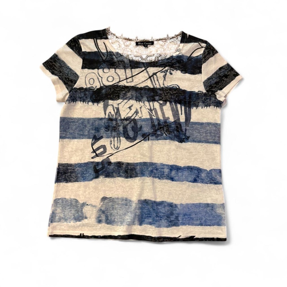 Miss Cocoa Y2K Blue White Striped Graphic Lace Back Top Womens Size M